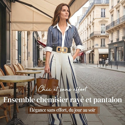 🎁Nouveauté : 50 % de réduction 💥 Ensemble 2 pièces pour femme : chemise rayée et pantalon large