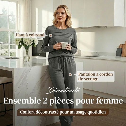 ⏳Offre spéciale à durée limitée⏰✨ Ensemble Femme Confort – Haut Ras du Cou & Pantalon à Cordon 👕👖