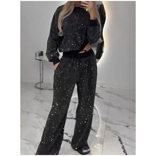 🎅Ventes anticipées de Noël🎄Haut ample à paillettes et pantalon large (ensemble 2 pièces)