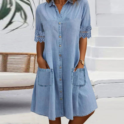 🎁50 % de réduction🔥Mini-robe bleue simple en denim avec col et dentelle