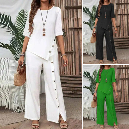 💃✨👕 PROMO -50% ! Ensemble Deux Pièces pour Femme – Top Ourlet Asymétrique & Pantalon Large, Look Moderne & Confortable
