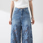 🔥Pantalon large en denim bleu à taille haute pour femmes avec empiècements en dentelle découpés