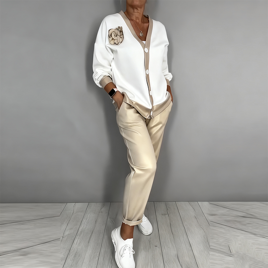 🔥Offre à durée limitée - 💃Ensemble 2 pièces pour femme composé d'un haut décolleté en V décontracté et d'un pantalon taille haute