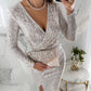 📢📢50 % de réduction！！！  ✨ Robe Moulante à Paillettes – Col V Croisé & Fente Élégante | Pour Cocktail, Mariage ou Soirée