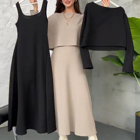 Ensemble deux pièces en maille pour femme : robe midi débardeur et crop top