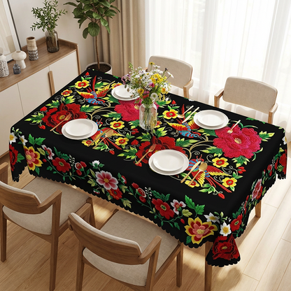 📢📢60 % de réduction – Nappe Mexicaine Florale avec Bord Festonné 🌸✨ Élégance Exotique & Résistance aux Taches !