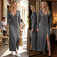 👗Robe longue à manches longues et col en V pour femme – Tissu doux, coupe moulante et fente élégante 💫💃