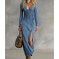 👗Robe longue à manches longues et col en V pour femme – Tissu doux, coupe moulante et fente élégante 💫💃