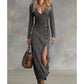 👗Robe longue à manches longues et col en V pour femme – Tissu doux, coupe moulante et fente élégante 💫💃
