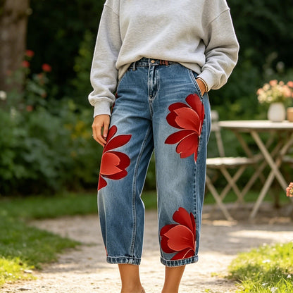 🌸 PROMOTION LIMITÉE 50% DE RÉDUCTION ! ✨ Jean Large Femme Brodé Fleuri – Artisanal, Moderne, Confortable 🌼