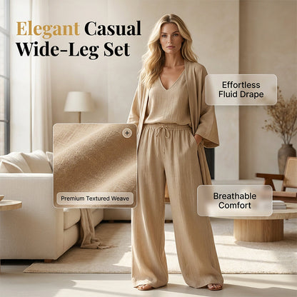 Ensemble élégant 3 pièces : pantalon large, cardigan et haut