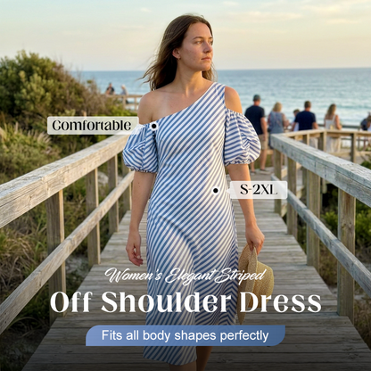 👗 50 % DE RÉDUCTION POUR UNE DURÉE LIMITÉE ! ✨ Robe à rayures et épaules dénudées pour femme – Élégante, fluide, chic et estivale 🌊