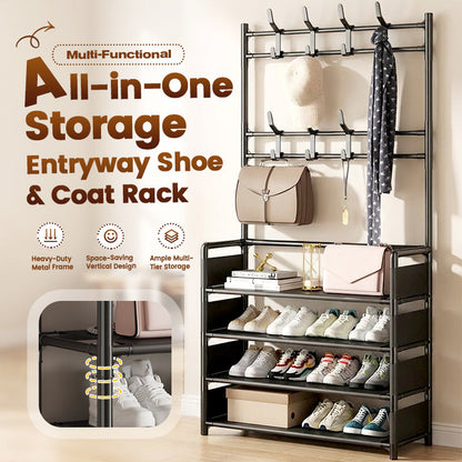 Meuble Vestiaire d'Entrée 3-en-1 – Porte-Manteau & Étagère à Chaussures en Métal